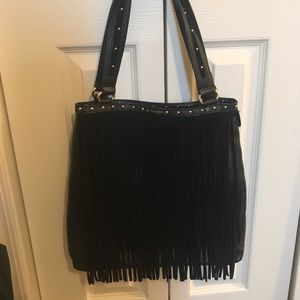 B Makowsky black fringe handbag with stud detail.